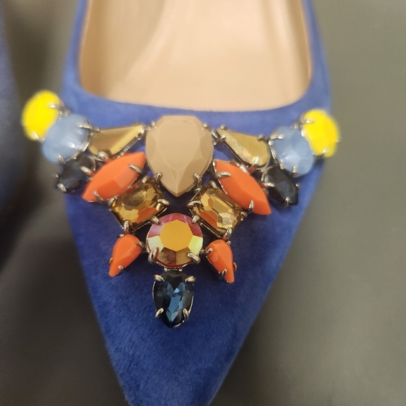 J. Crew COLLECTION Dulci Suede Kitten Heels Jeweled  Blue Italy Sz 5 - Picture 3 of 10